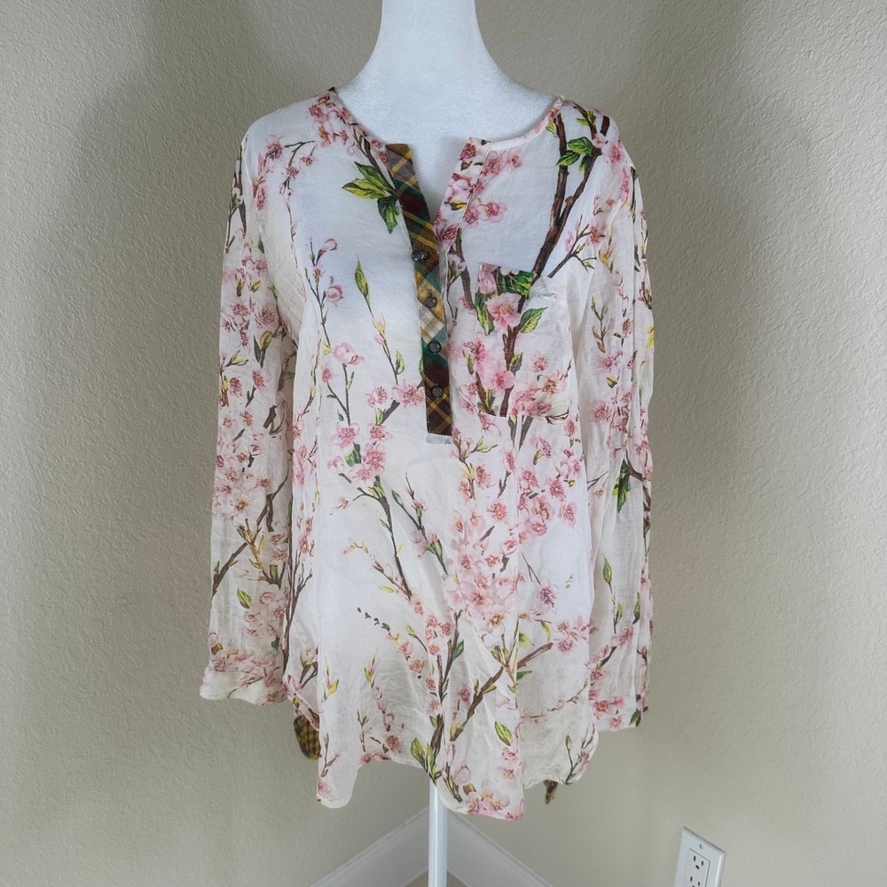 Aratta Silent Journey Tunic Womens M White Cherry Blossom Plaid Boho ED16A311
